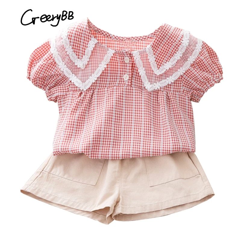 Toddler Baby Clothing Set Double Lapel Plaid Tops Summer Shorts Wear 2pcs Outfits Kids Clothes Suit Girls Cotton Sets