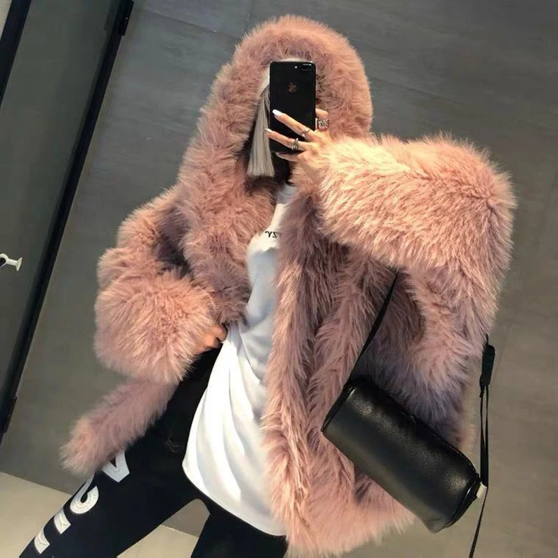 2022 New Warm Faux Fur Coat Long Sleeve Women Hooded Winter Faux Fur Jacket Outerwear Femme