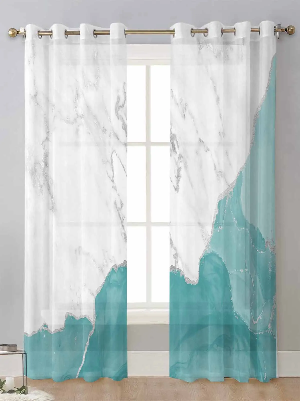

White Marble Aqua Green Sheer Curtains For Living Room Window Transparent Voile Tulle Curtain Cortinas Drapes Home Decor