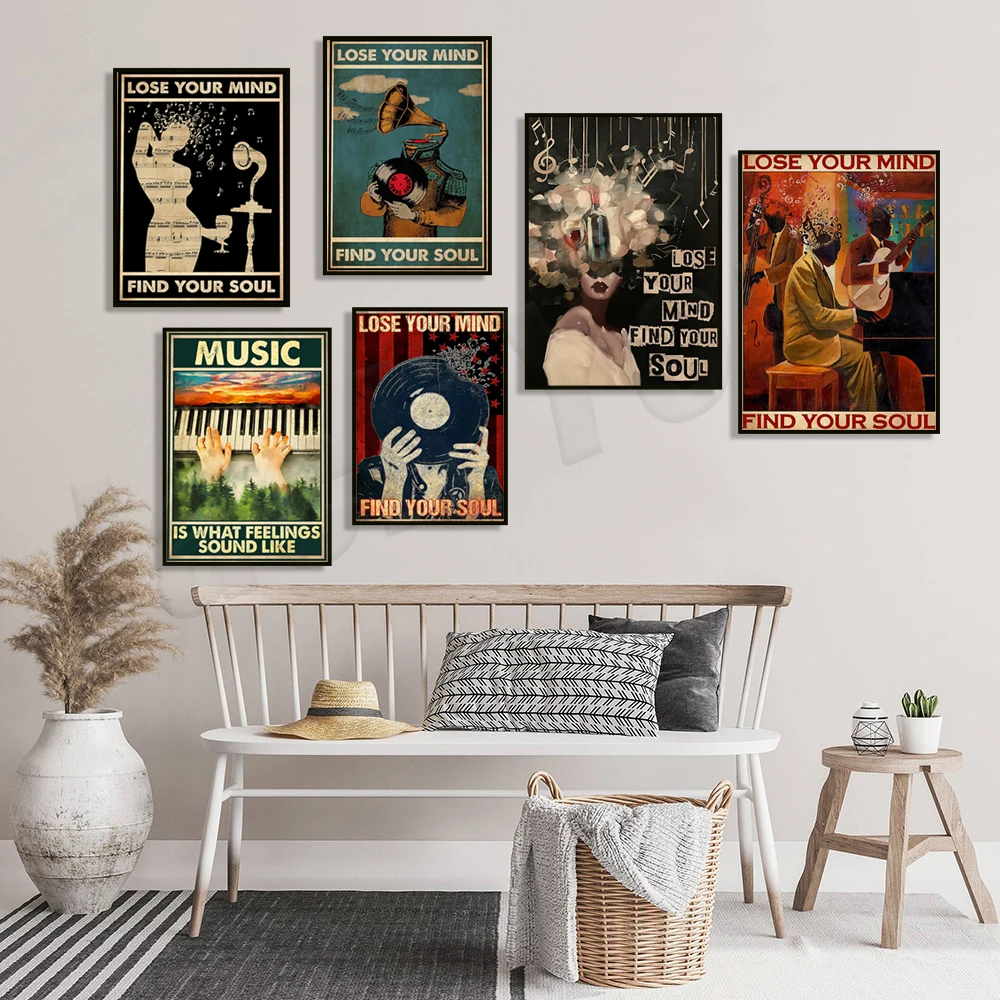Music vintage poster, piano, gramophone art, jazz band, enter vinyl record room lose my mind find my soul print, music gift