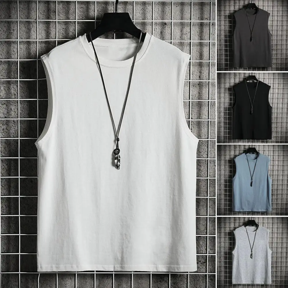 Trendy Men Summer T-shirt Solid Color Loose Sleeveless O Neck Pullover Breathable Exercise Simple Men Tank Top Male Clothing