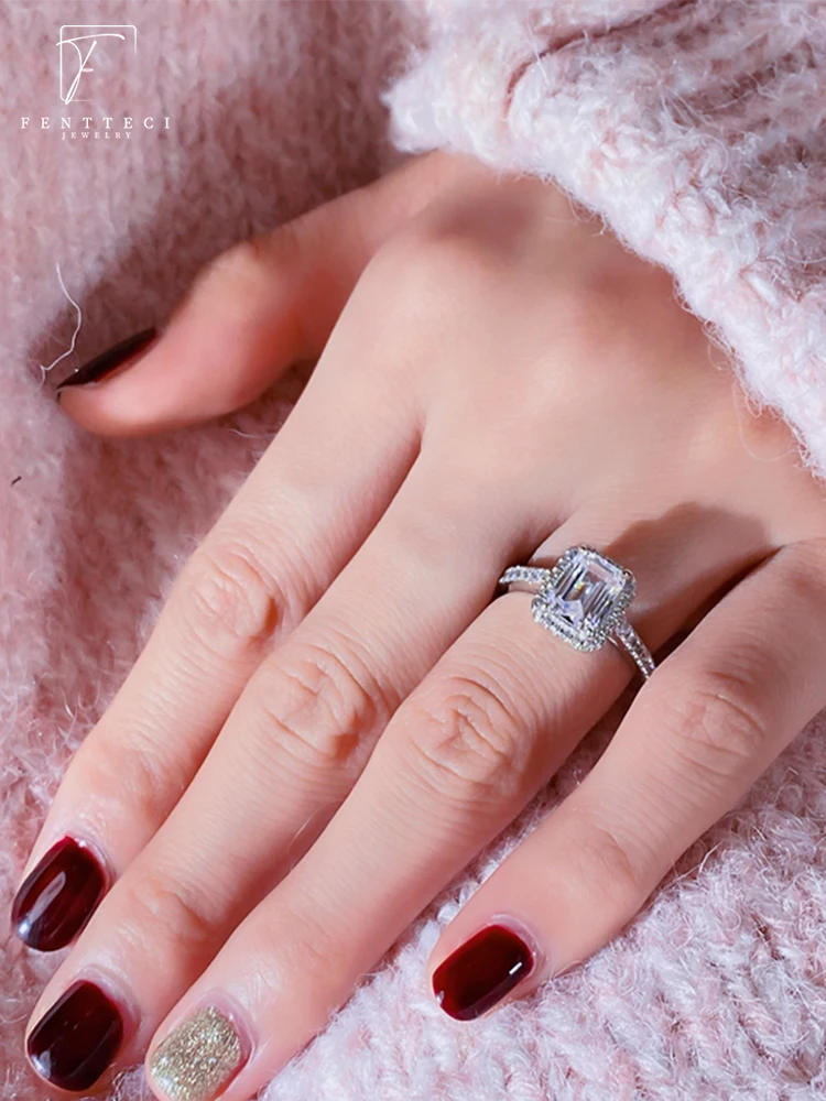 FENTTECI S925 Sterling Silver Gold Plated Square Moissanite Ring for Women Wedding Bands Anniversary Party Gift Fine Jewelry