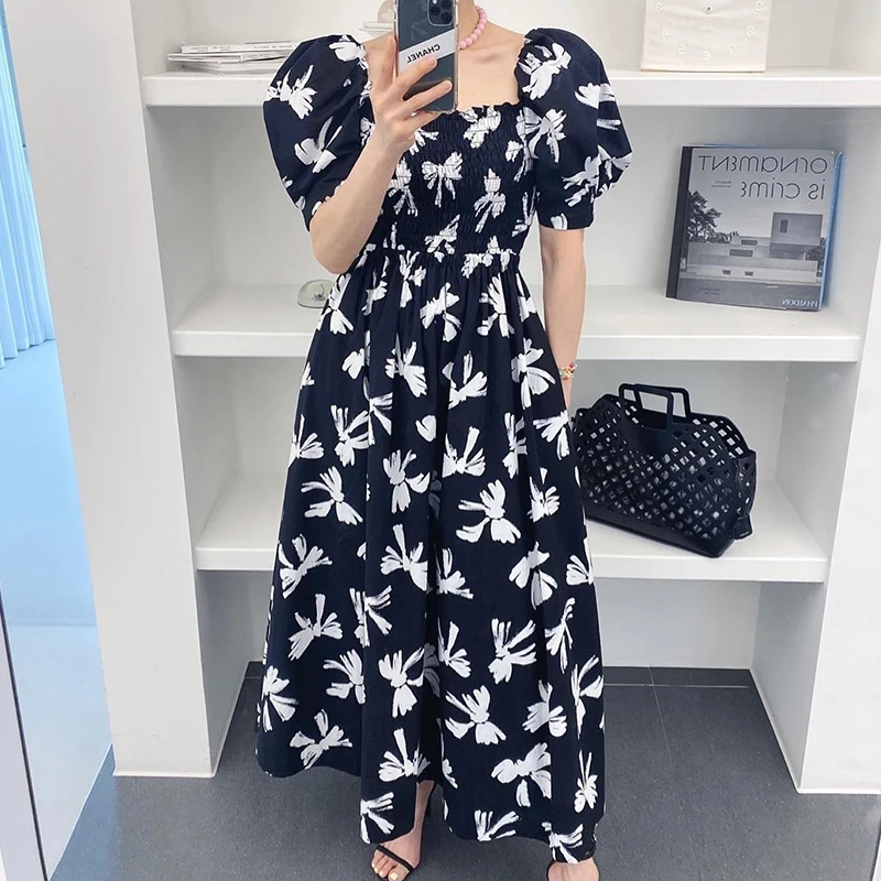 

Платье женское средней длины с бантом и коротким рукавом, элегантное белое черное платье с высокой талией, с пышными рукавами, в Корейском стиле, на лето