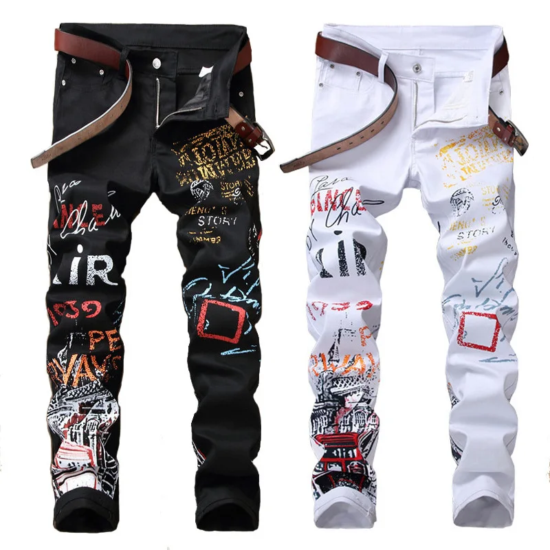 HOUZHOU Y2K Jeans for Men Slim Fit Stretch Goth Pants with Print Denim Trousers Male Punk Gothic Harajuku Men Skinny Hip Hop 5XL