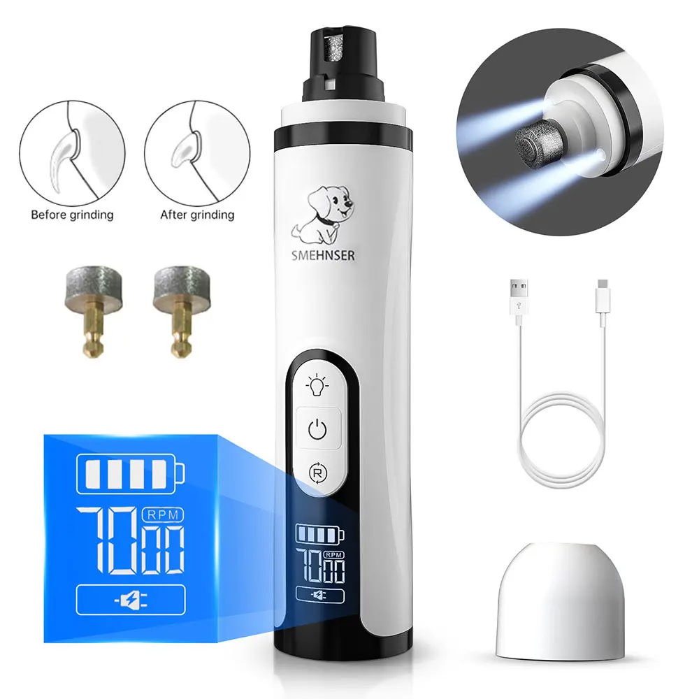 

Dog Nail Grinder with 2 LED Light Rechargeable 3Speed Electric Dog Nail Clipper Quiet Painless Pet Paws Grooming Trimmer for Cat