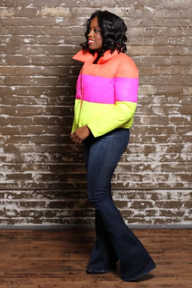 Wishyear 2023 Neon Patchwork Fashion Cropped Puffer Jacket Women Winter Clothes Warm Bubble Coat Trendy Street Outwear y2k