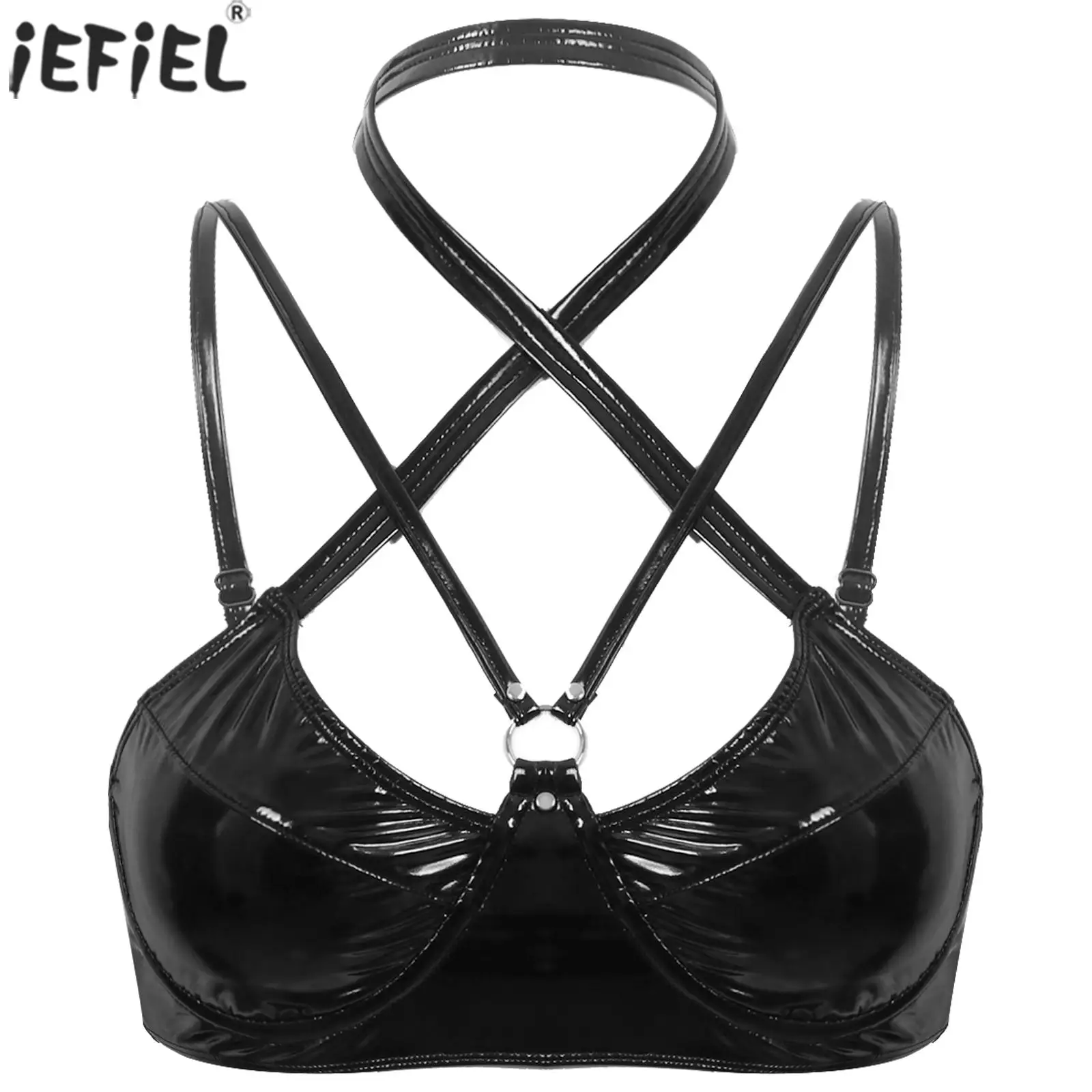 

Womens Strappy Underwired Bra Tops Adjustable Straps Crop Top Zipper Back Patent Leather Sexy Camisole Bra Lingerie