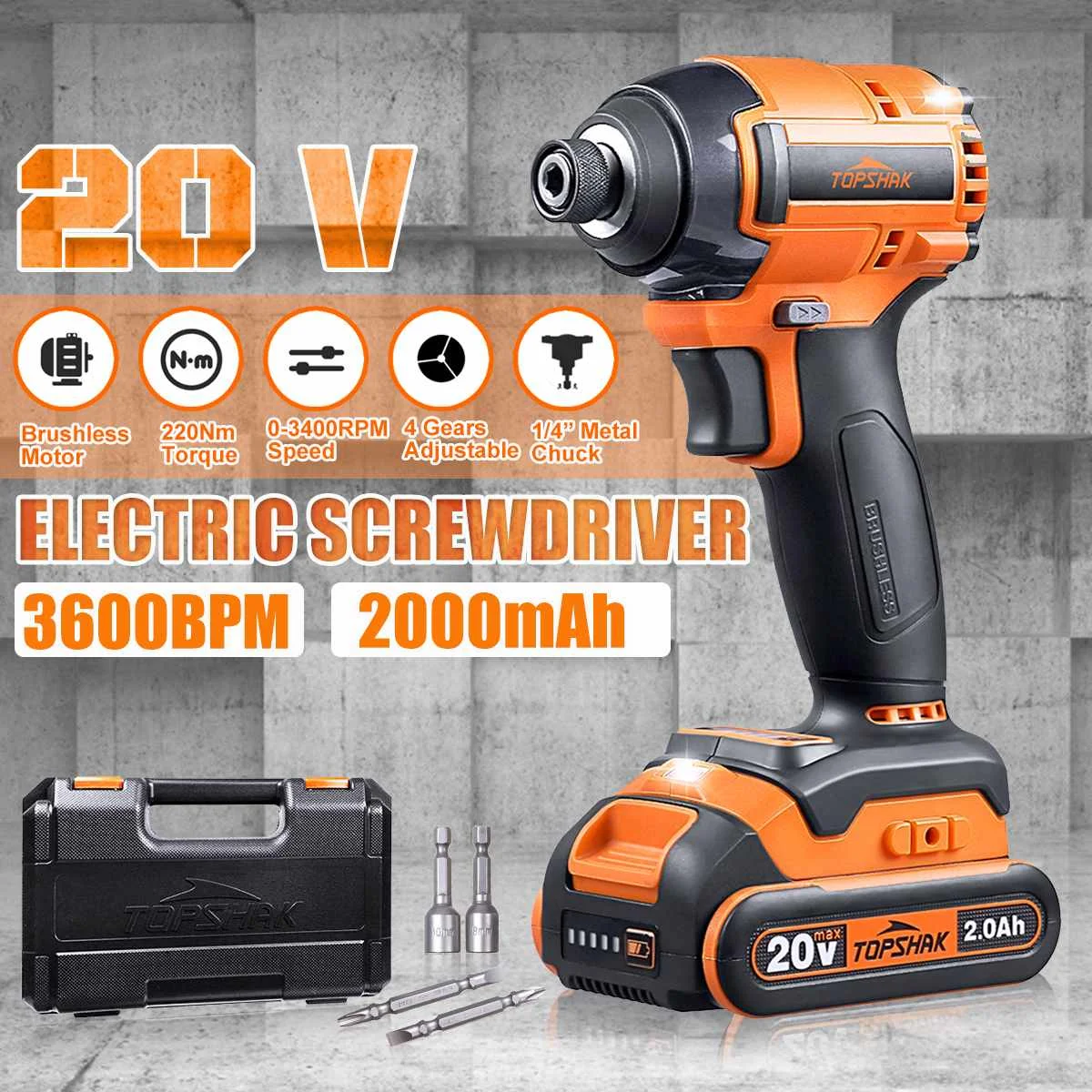 TOPSHAK 20V Electric Screwdriver Brushless Cordless Impact Driver LED Light 1X Battery Rechargeable Woodworking Power Tools