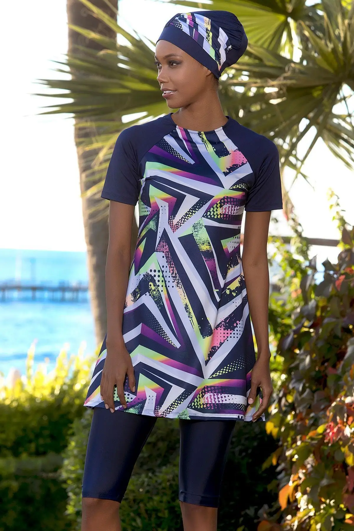 

Мусульманский купальник из Буркини с коротким рукавом, скромная летняя одежда, хиджаб, спортивный купальник, Мусульманский купальник с пол...