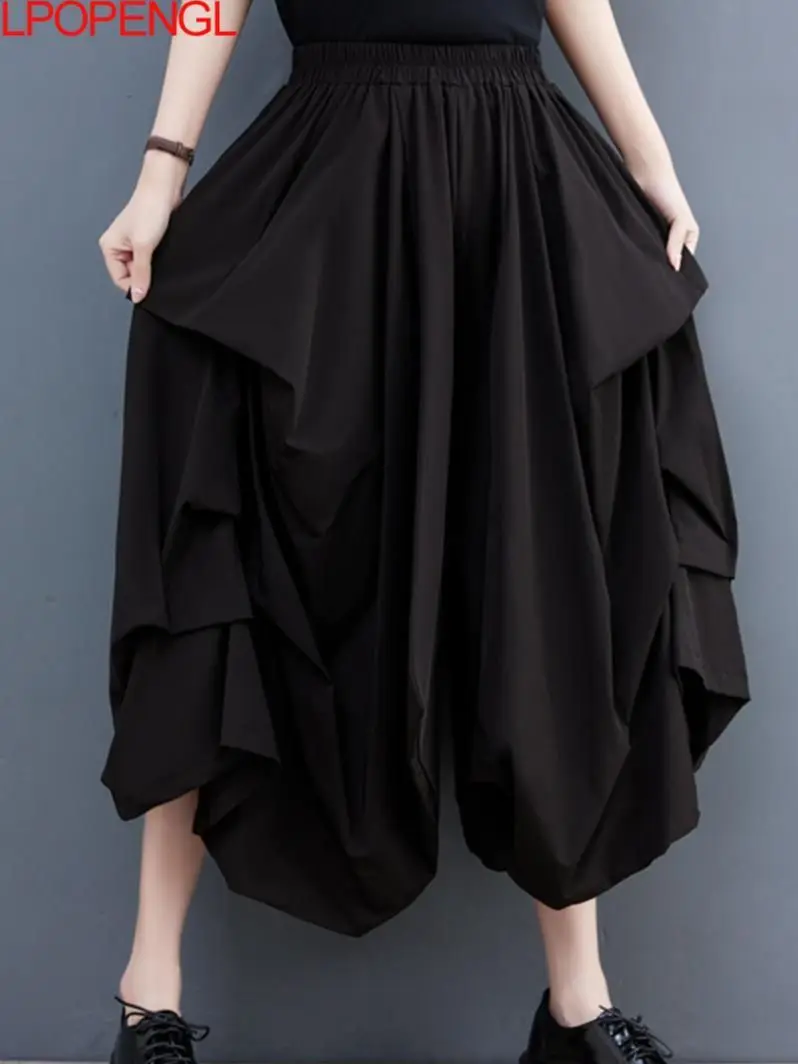Vintage Women's High Waist 2023 Spring And Summer New Elastic Waist Wrinkled Casual Skirt Pants Fashion All-match Wide-leg Pants