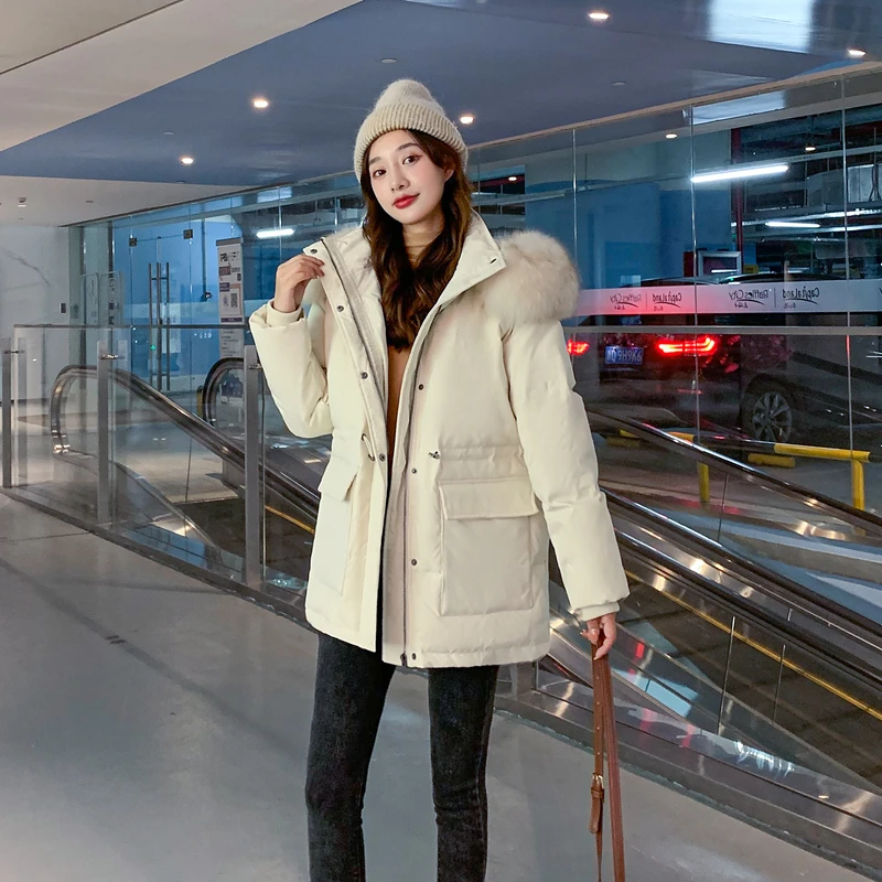 Winter Cargo Puffer Jackets with Faux Fox Collar for Women Korean Fashion Trends Streetwear Teenage Bubble Coats Female Clothing