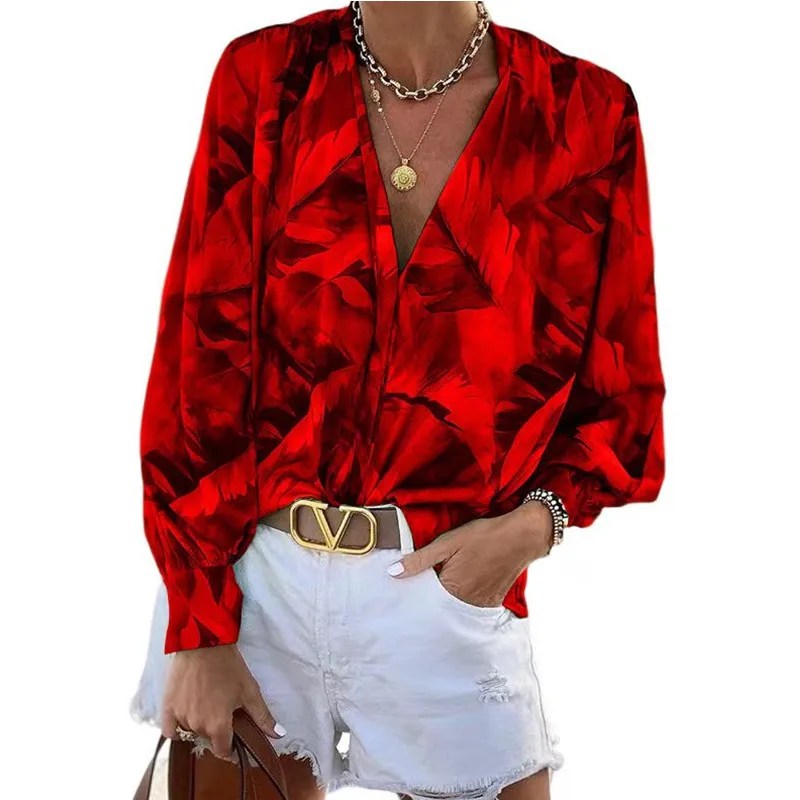 

2022 New Autumn Fall Print Long Sleeve Casual Shirts Tops Women V-Neck Boho Style Blouse Shirt Women's Clothing Female Blusas