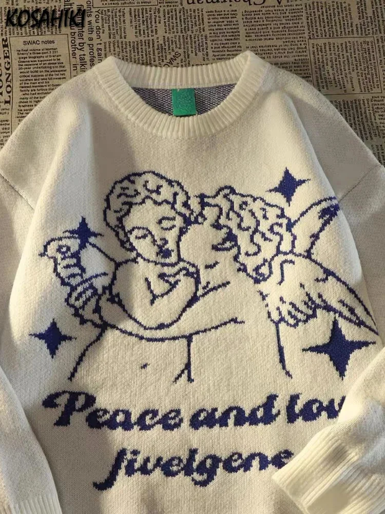

Japanese Women Men Sweater Angel Jacquard Loose Casual Retro All Match Pullover Harajuku Couples Sweater Korean Fashion