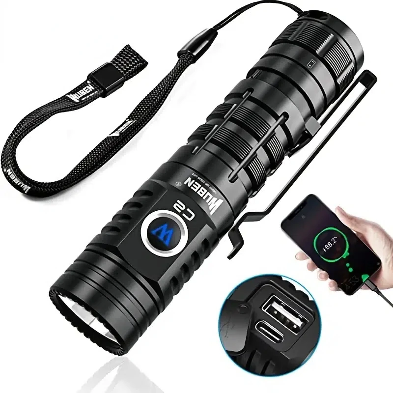 

HMTX Rechargeable LED Flashlights 2000 High Lumens, Pocket Flashlight With Power Bank, 7 Modes Flash Light, IP68 Waterproof Tact