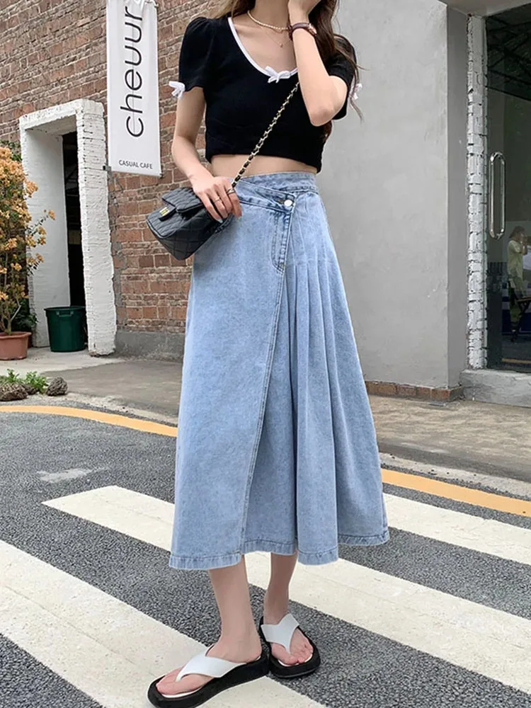 blue denim Skirt Women 2021 Korean style Irregular Long Jeans Skirt High Waist a line Pleated Skirts Long For Womens(78675