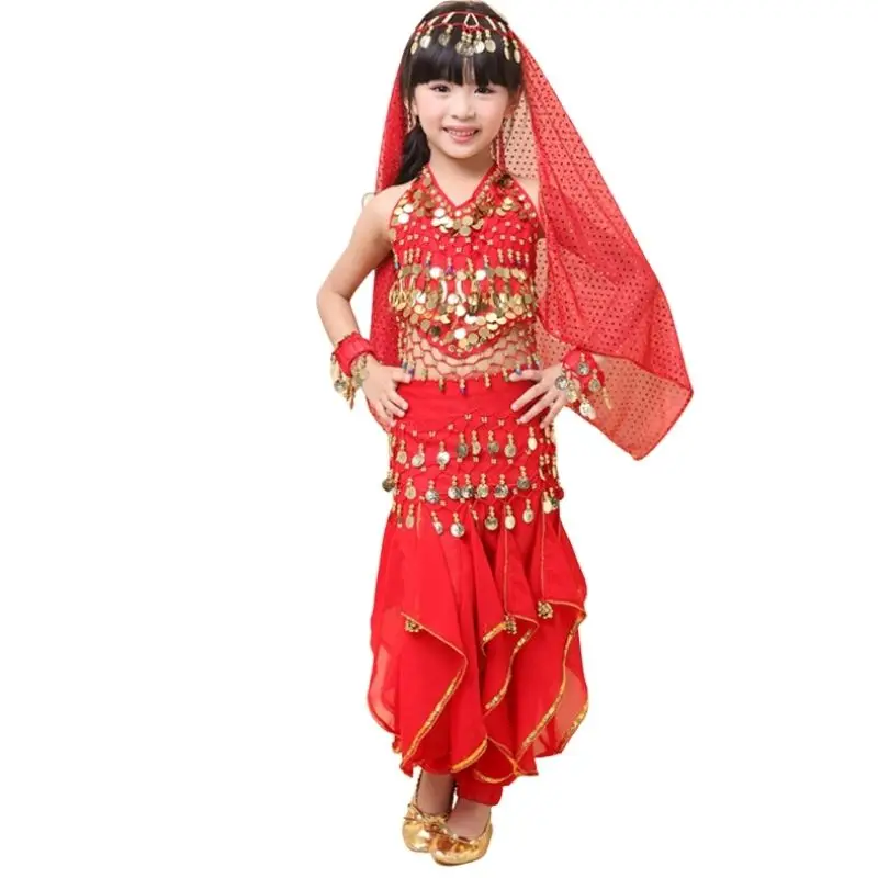 Child Belly Dance Set Clothes India Costume Performance Wear 5pcs Top&ampPant&ampBelt&ampHeadband&ampBracelet 3 Colors.VL-K3 |