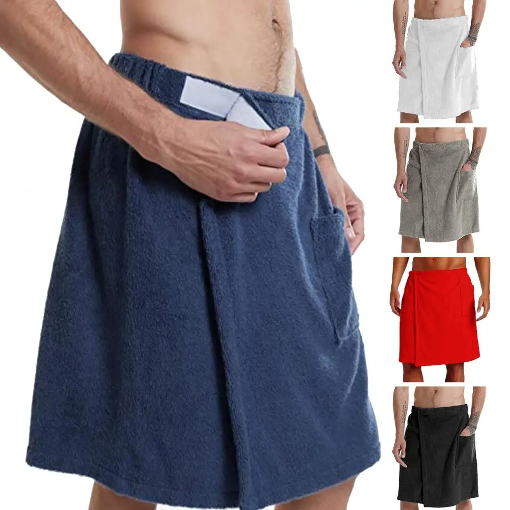 

Men Bathrobe Bath Towel With Pocket Adjustable Elastic Waist Homewear Nightgown Outdoor Sports Swimming Beach Gym Spa Towel