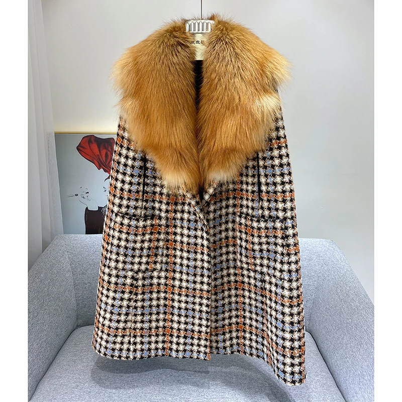 

ZDFURS*2022 Winter New Haining Wool Woolen Loose Fox Fur Collar Mid-Length Fur Coat Fashion Cape and Shawl