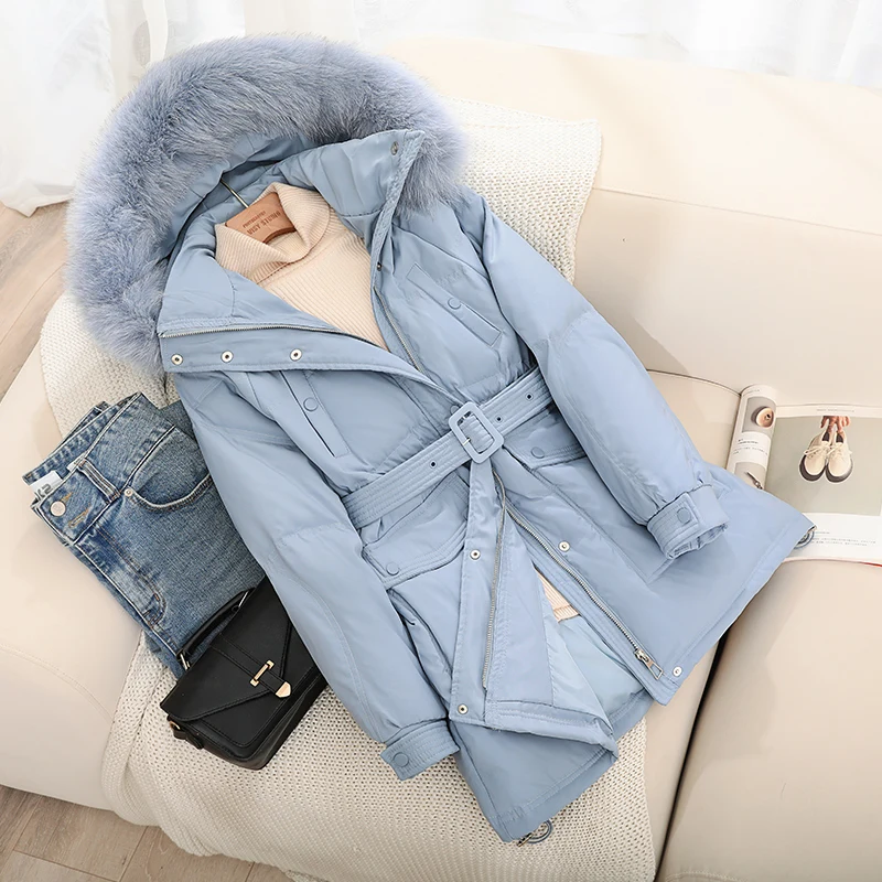 New Women Raccoon Fur Collar Long Down Jacket Casual Style Autumn Winter Coats And Parkas Female Outwear