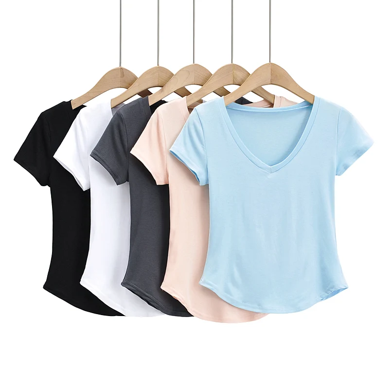 

Женский укороченный топ с v-образным вырезом, Черный Повседневный хлопковый топ с коротким рукавом, привлекательный розовый топ, лето 2022