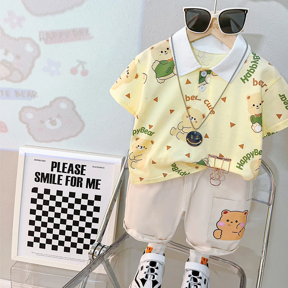 Boys summer suit 2023 new children's summer front shirt letter bear short sleeve summer three-year-old baby tide