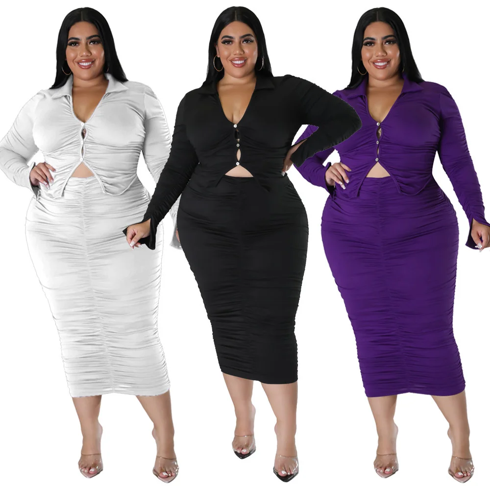 Plus Size Women's Wear Sets Spring New Solid Pleated V-Neck Top Slim Skirt Suit Sexy Elegant Ladies Street Two-piece Set