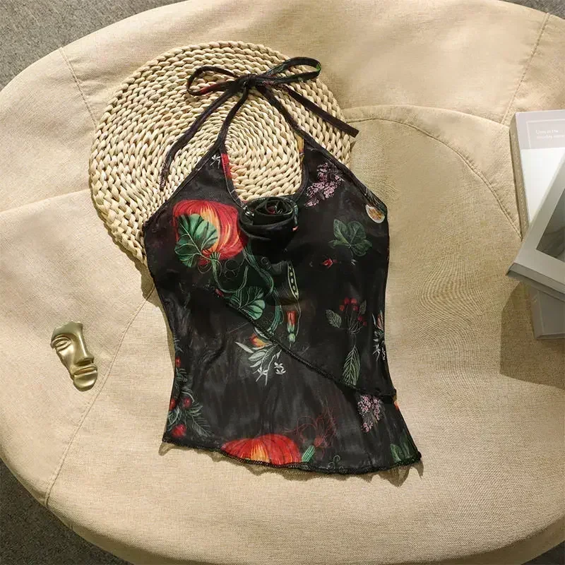 Изысканный дизайн сексуальный асимметричный топ с принтом 2024 женская мода