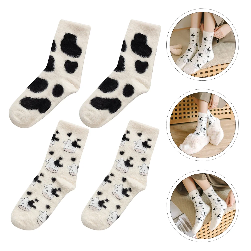 

2 Pairs Cow Socks Cartoon Cows Plush Furry Tube Stocking Ordinary Thickened Warm Cotton Women's