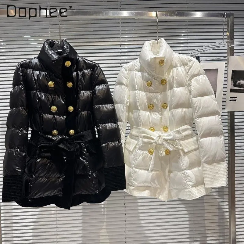 Elegance Metal Buckle Belt Mid-Length Warm Down Jacket 2022 New Soild Color White Duck Down Long Sleeve Winter Clothes Women