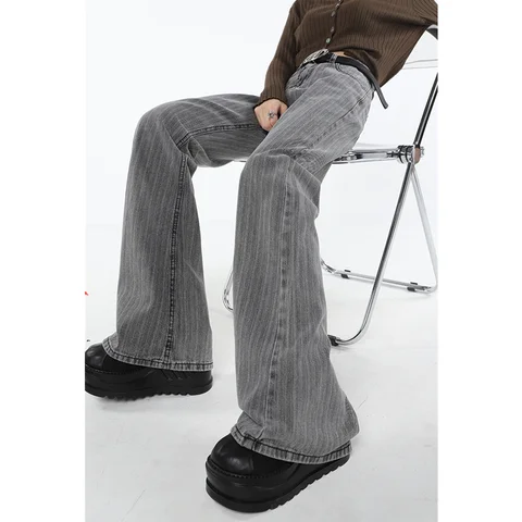 Vintage Grey Micro Flare Women's Jeans American Streetwear Y2K Straight  High Waisted Jeans Pants Female Wide Leg Denim Trouser