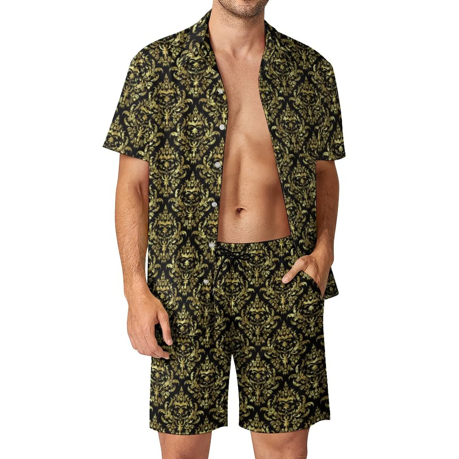 

Gold Baroque Floral Men Sets Geometric Casual Shorts Summer Fashion Beachwear Shirt Set Short Sleeves Custom Oversized Suit Gift