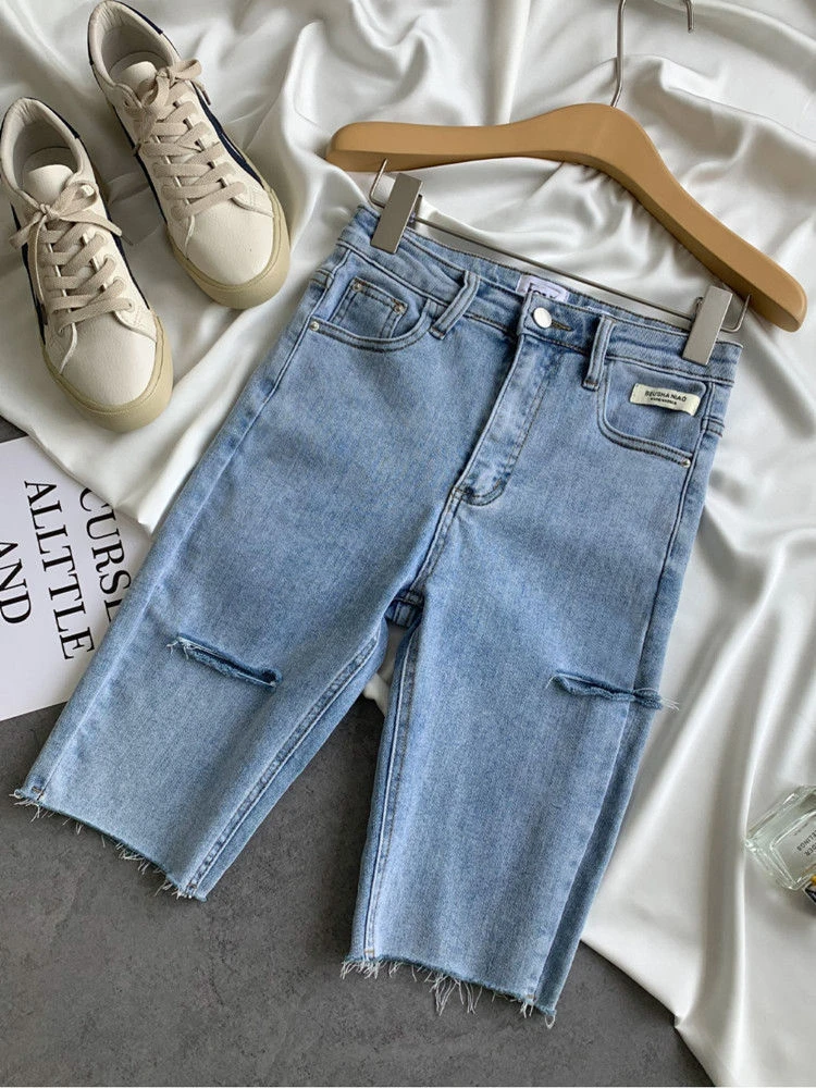 Five-point Denim Shorts Women's Summer Thin Section Large Size Elastic Tight-fitting Ripped High Waist Blue Straight Jeans Pants