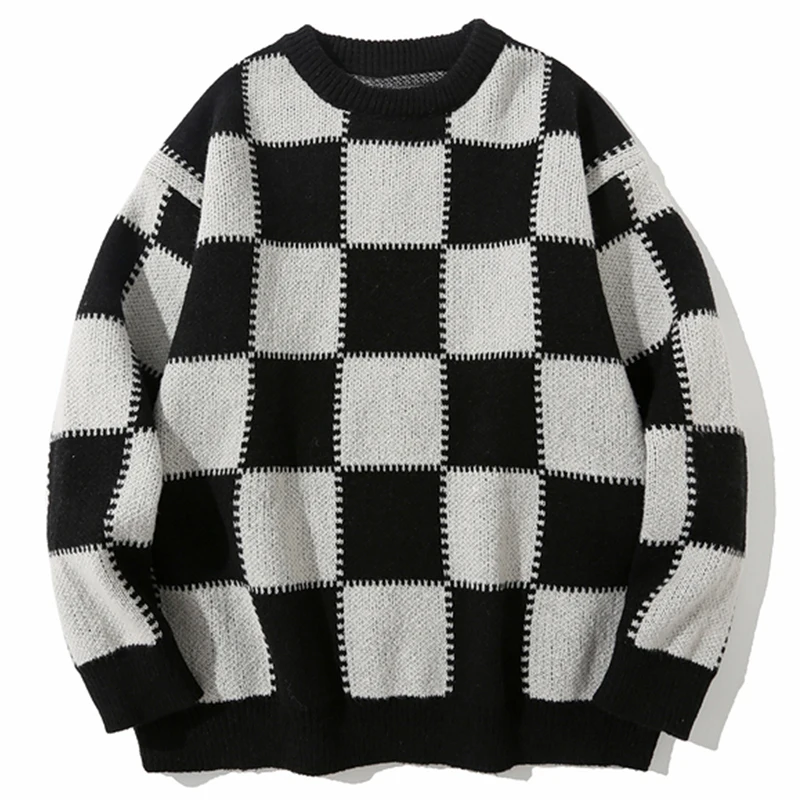 

Зимний клетчатый свитер в стиле High Street, винтажные мужские пуловеры, уличная одежда в японском стиле хип-хоп, свободный шерстяной свитер большого размера для пар