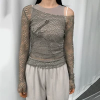 y2k holes crop top asymmetrical full sleeve smock top see through grunge t shirt women fashion streetwear korean tee