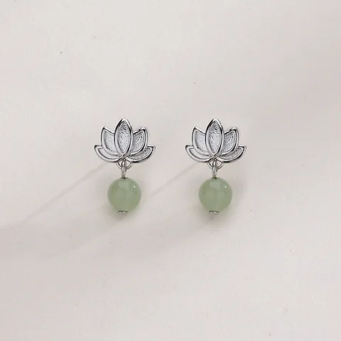 CIAXY Серебряные серьги-гвоздики из нефрита Hetian в виде лотоса