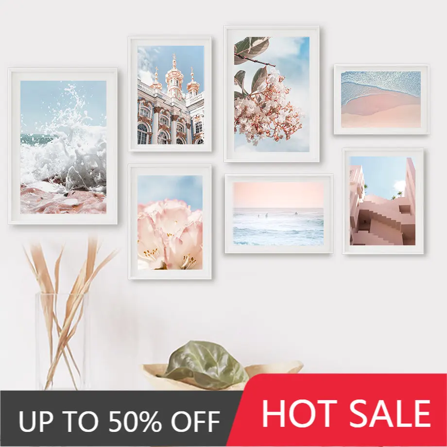 

Pink Sandy Beach Cherry Blossoms Palace Wall Art Canvas Painting Nordic Posters And Prints Wall Pictures For Living Room Decor