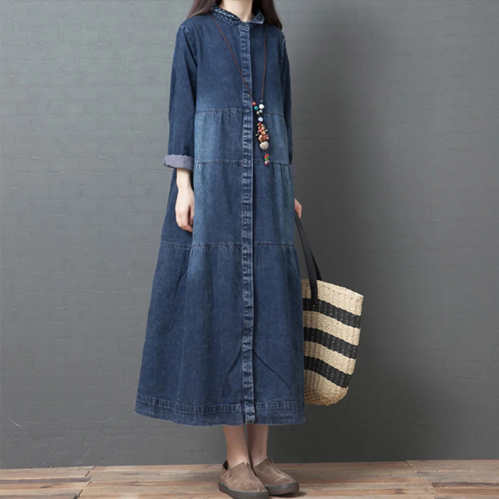 

Women Denim Dress Japanese Style Casual Long Sleeve Solid Color Single Breasted Patchwork Pullover Spring Female Pleated Dresses