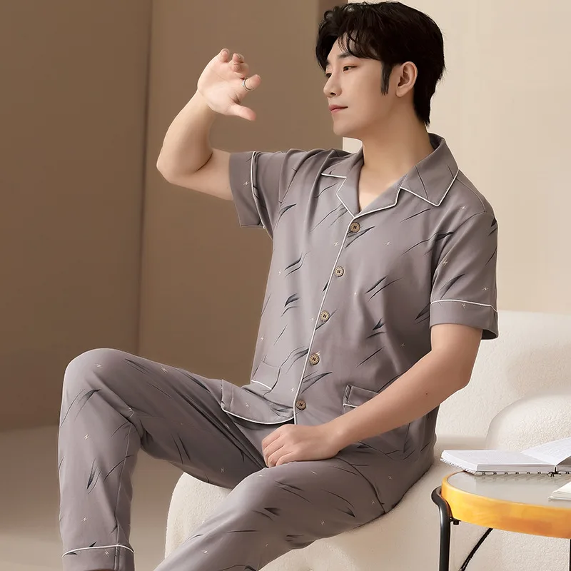 

Пижама мужская хлопковая, тонкие брюки с коротким рукавом, кардиган, большие размеры, для весны и лета, для среднего и пожилого возраста