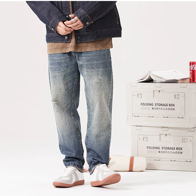 Streetwear Men 2022 New Pattern Vintage Recreational Blue Jeans Loose Broad Straight Cylinder Leg Trousers Autumn Female Trend