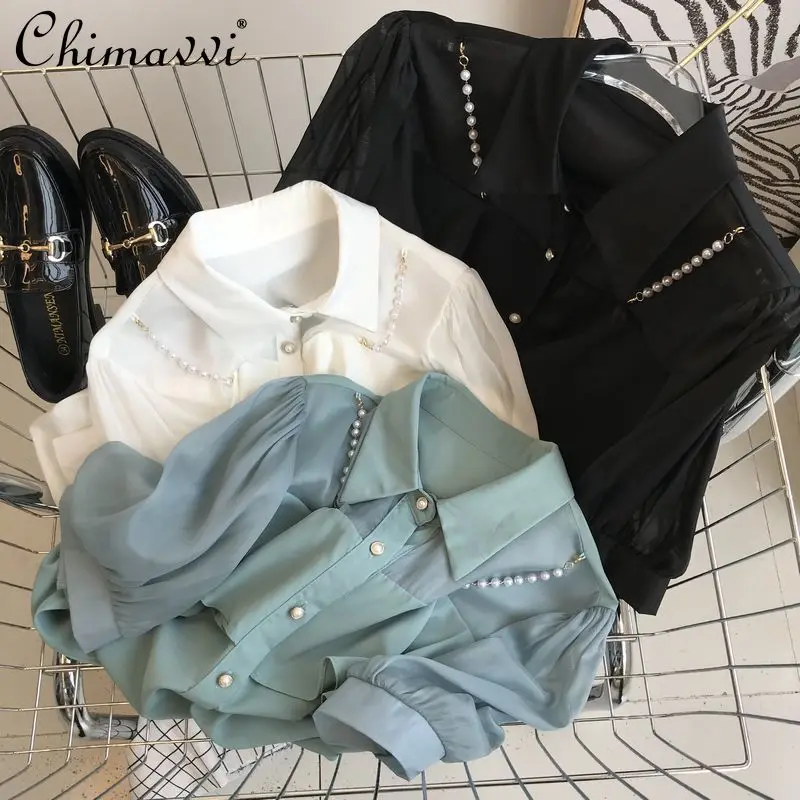 

2022 Summer New Fashion Bead Decorative Short-Sleeved Chiffon Shirt Korean Style Slimming blouse elegant Women's top All-Match