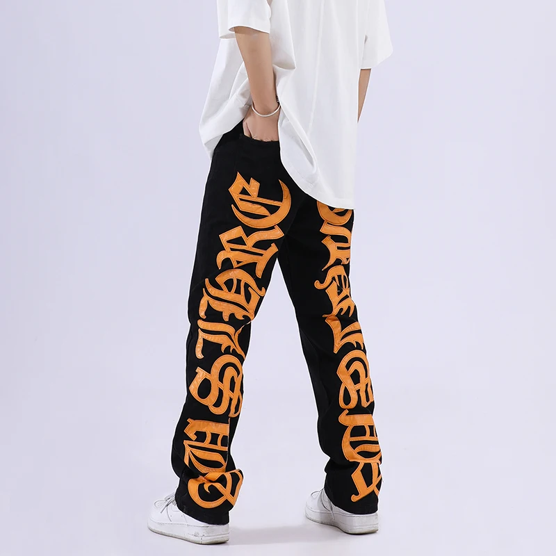 Streetwear Back Pu Letter Embroidery Straight Retro Jeans for Men Harajuku Distressed Hip Hop Vibe Style Loose Denim Trousers