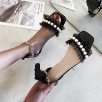 2022 summer new womens sandals fashion square head pearl lace chain womens sandals large size 43 gladiator sandals women