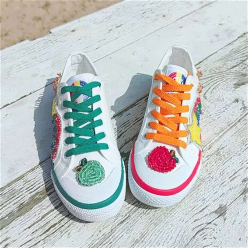 

Spring Summer Cartoon Patch Canvas Shoes Ladies Casual Sneakers Rainbow Edge Vulcanized Flat Sneakers35-40