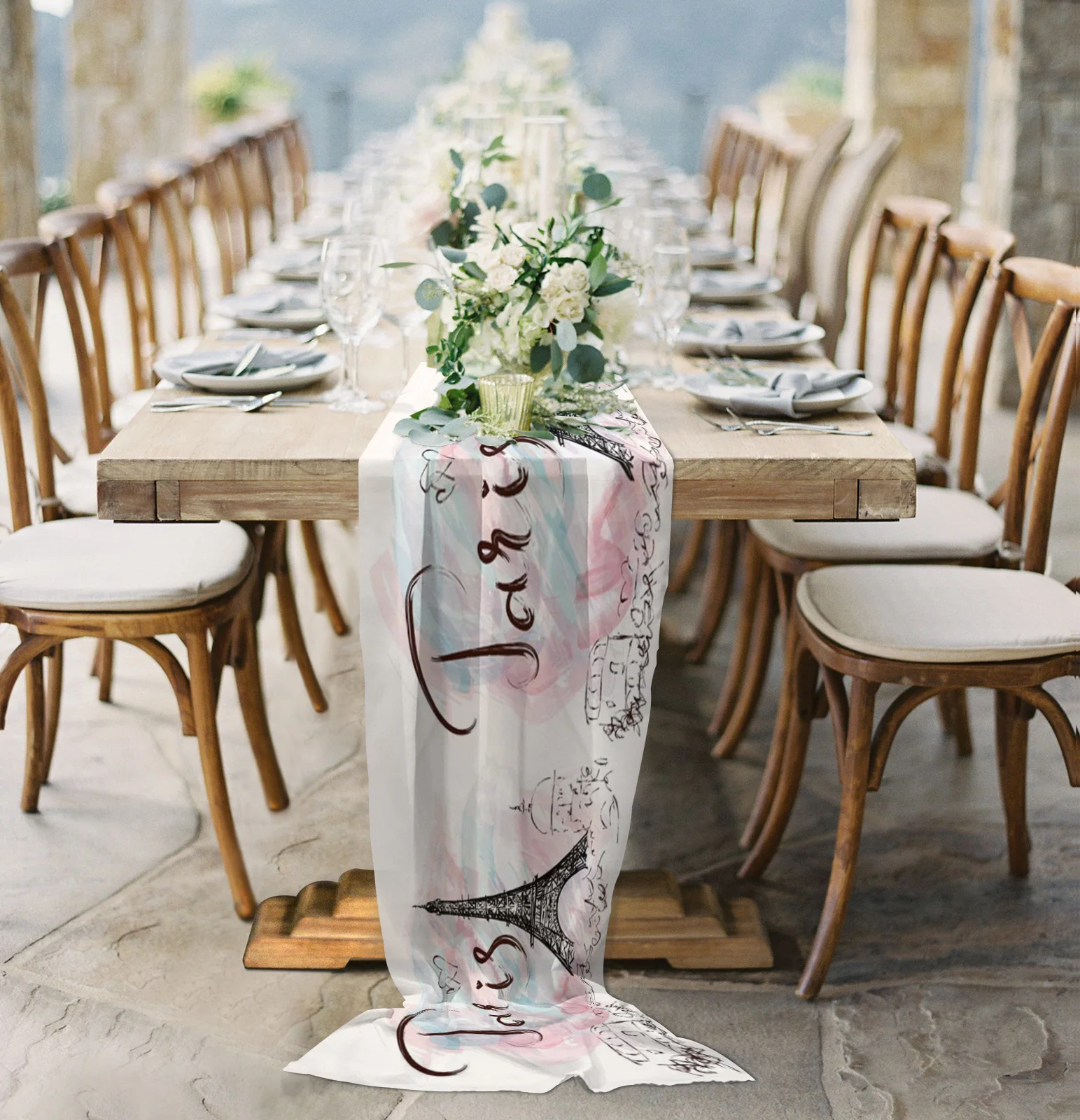 

Eiffel Iron Tie Pink Table Runner Sheer Chiffon Luxury Boho Wedding Party Birthday Gauze Tablecloth