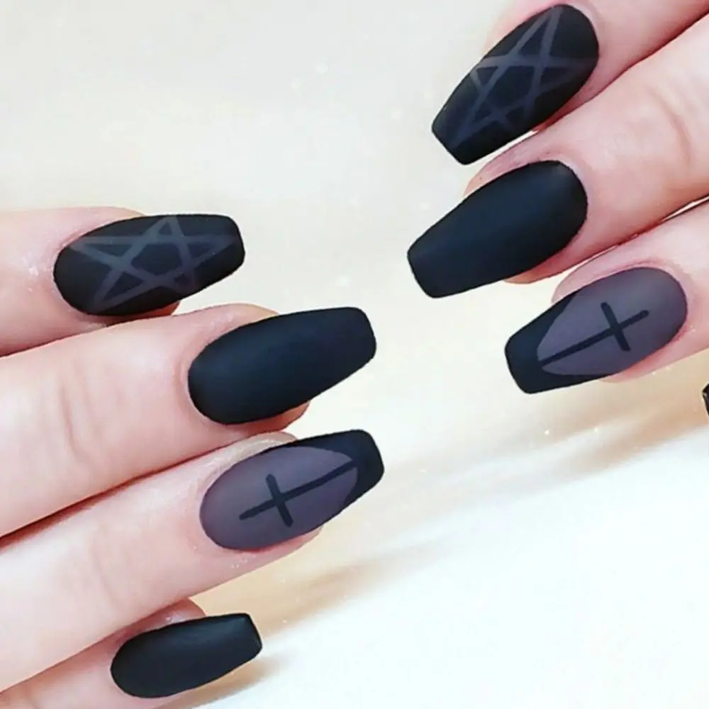 

24pcs Detachable Full Cover Press on Nails DIY Hexagram Fake Nails Ballerina Long French