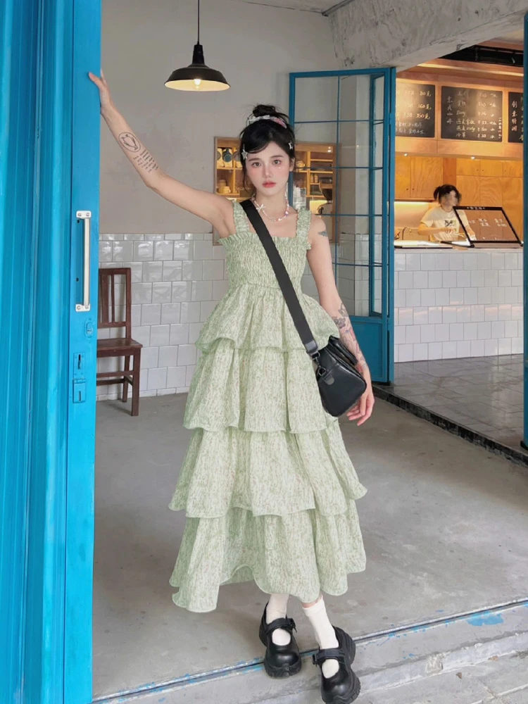 Gaganight женское милое зеленое платье с цветочным принтом 2024 летнее новое