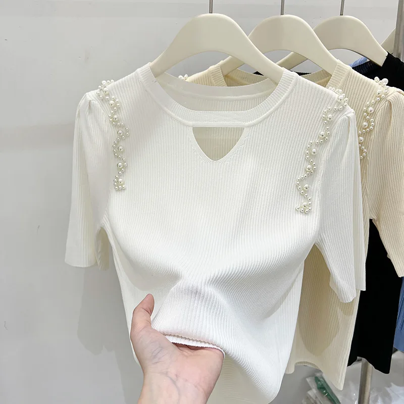 Hollow Sweater Female Short-Sleeved Summer 2023 New French Sweet Spicy Wind Design Sense Ice Silk Slim Tops Women'S Fashion