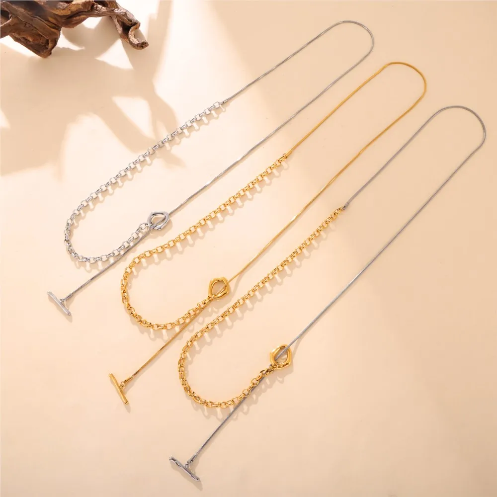 Двухцветное длинное ожерелье из нержавеющей стали с пряжкой OT для женщин