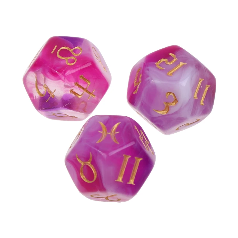 M89D 3Pcs Polyhedral Rune Dice Acrylic 12-Sided Astrological Love Destiny with Sharp Edges and Beautiful Inclusions -