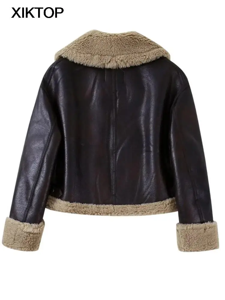 Xiktop Cashmere Locomotive Jacket Women Loose Long Sleeve Zipper Thick Coats Autumn Winter Vintage Warm Female Short Jacket Coat